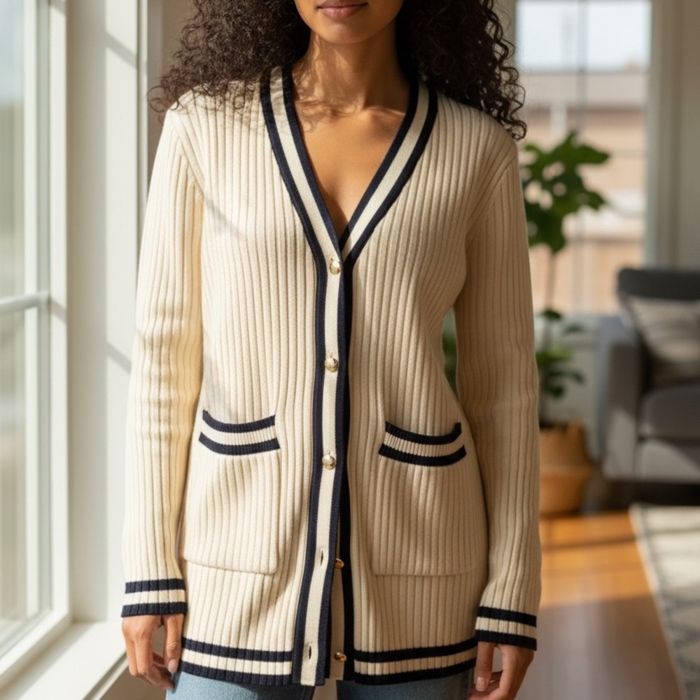 CAbi Cream and Black Women's Cardigan Sweater button front and pockets